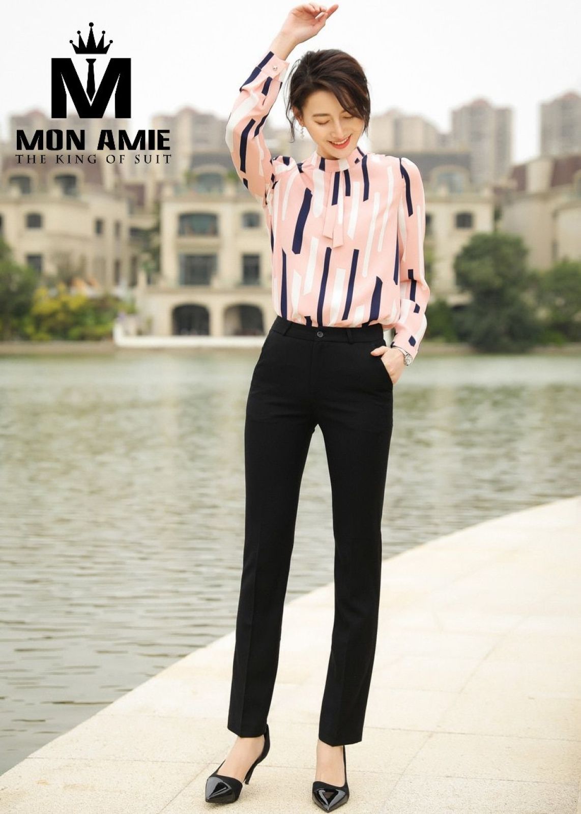 Stand Collar Color Block Pattern Pink Shirt 